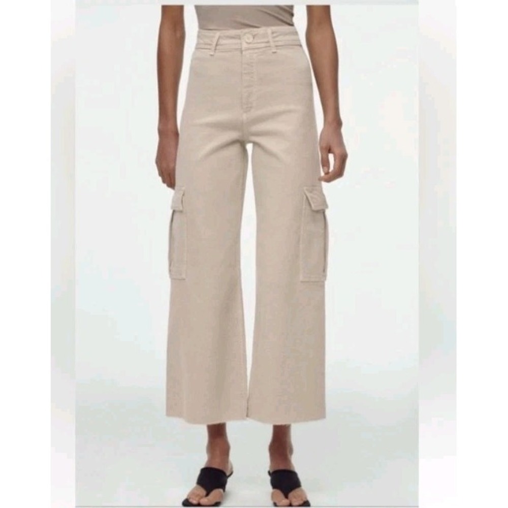 ZARA The Marine Wide Leg Cargo Jeans Women 4 Beige High Rise Crop Distressed Hem